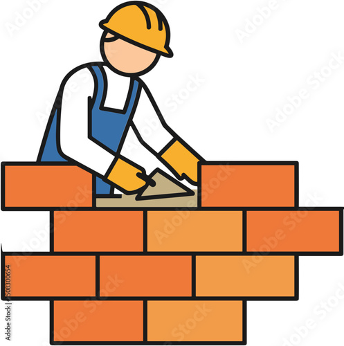 Construction worker laying bricks while wearing safety gear  