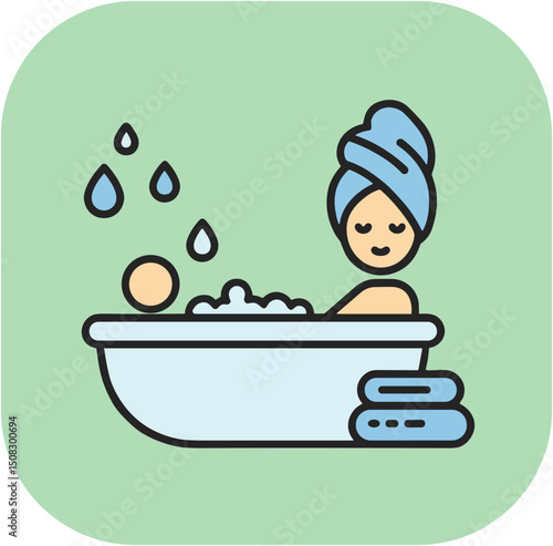 Woman relaxing in bath with towels and bubbles in spa salon  