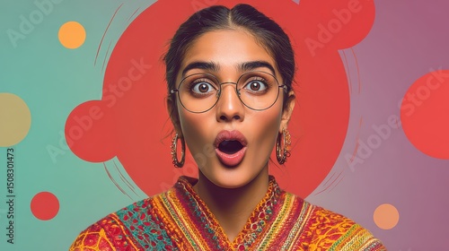 Shocked Indian Woman With Bright Red and Green Abstract Shapes