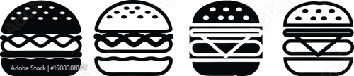 Cheese burger icons in black line and filled versions