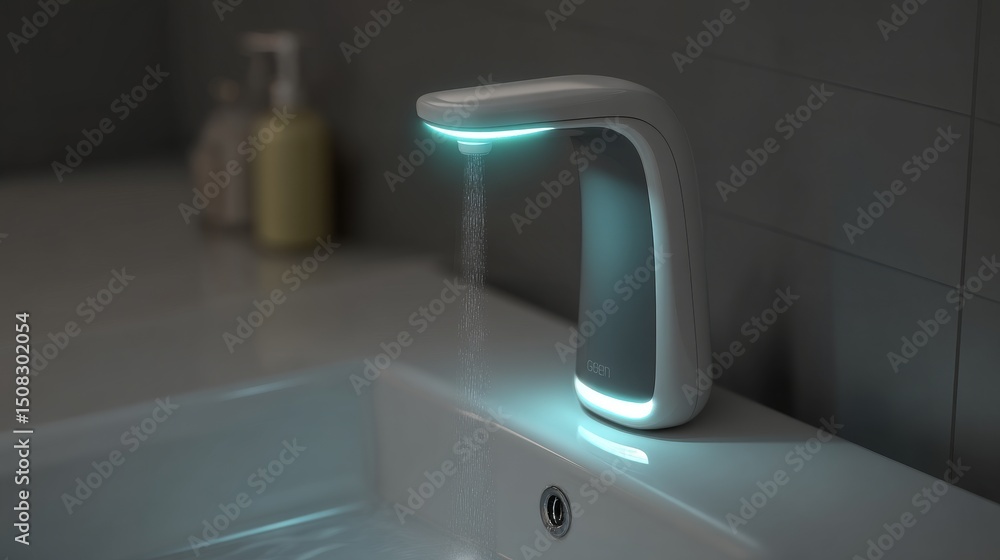 Fototapeta premium A modern, automated faucet with a sleek design and illuminated water stream.