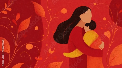 Stylized Red Artwork of Mother Hugging Child With Autumn Vibes