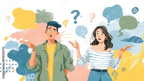 Surprised Couple With Floating Question Marks and Abstract Design