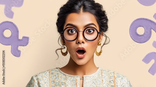 Surprised Woman Holding Puzzle Piece on Pastel Background