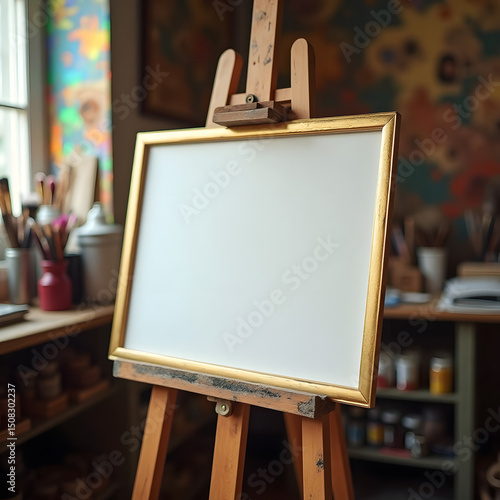 Blank Canvas on Wooden Easel in Artist’s Studio with Paint Brushes and Colorful Background