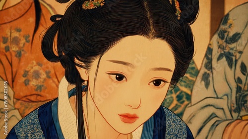 Traditional Asian Woman With Elegant Hair and Kimono Style Dress