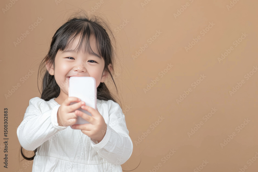 Little girl holding up a smartphone and smiling brightly in a white dress on beige background. Little girl holding up a smartphone and smiling brightly in a white dress on beige background.