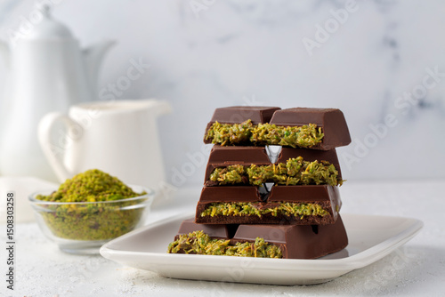 Photography Dubai chocolate, milk chocolate filled with pistachio paste and kunefe