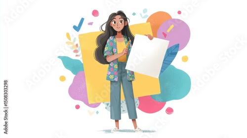 Woman Posing With Blank Paper on Artistic Splatter Background