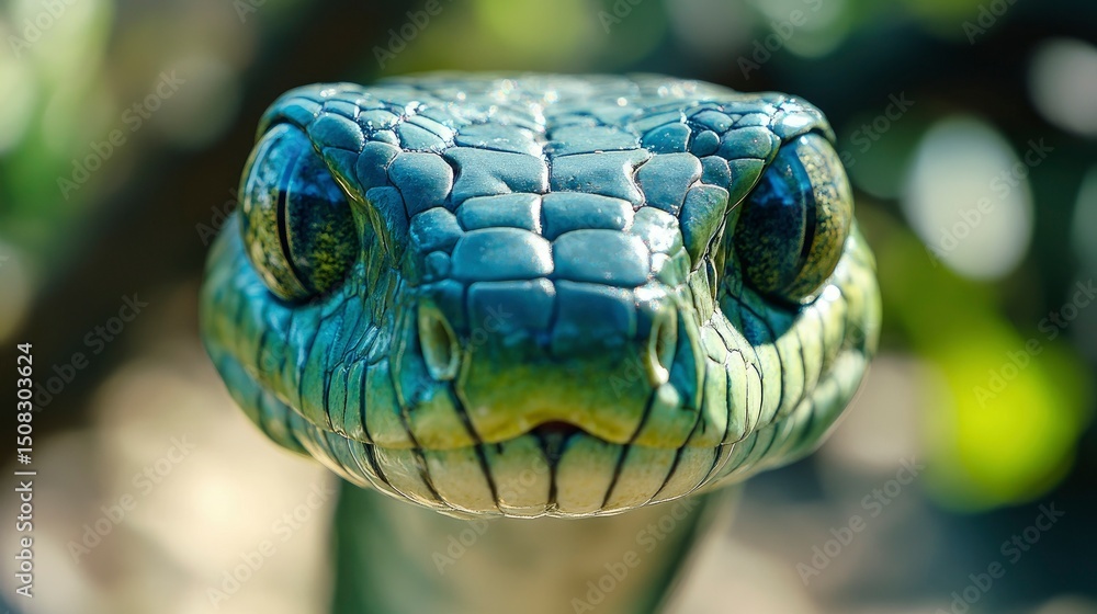 Fototapeta premium Close-up of a Green Snake's Head, Intricate Scales and Captivating Gaze