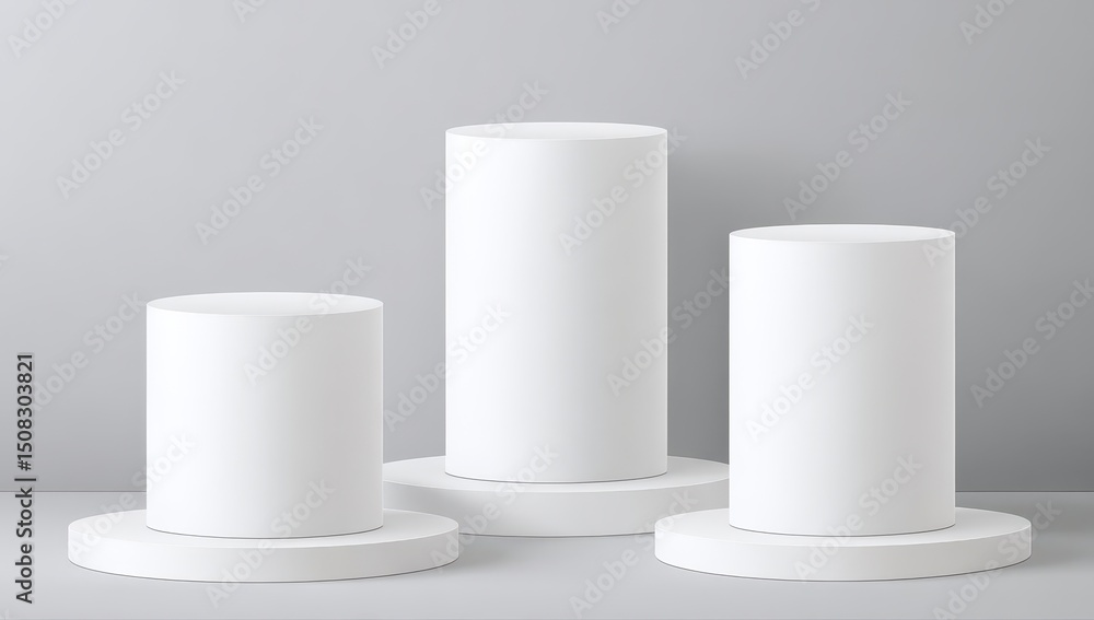 Three white cylinders on circular bases against a light gray background Three white cylinders on circular bases against a light gray background