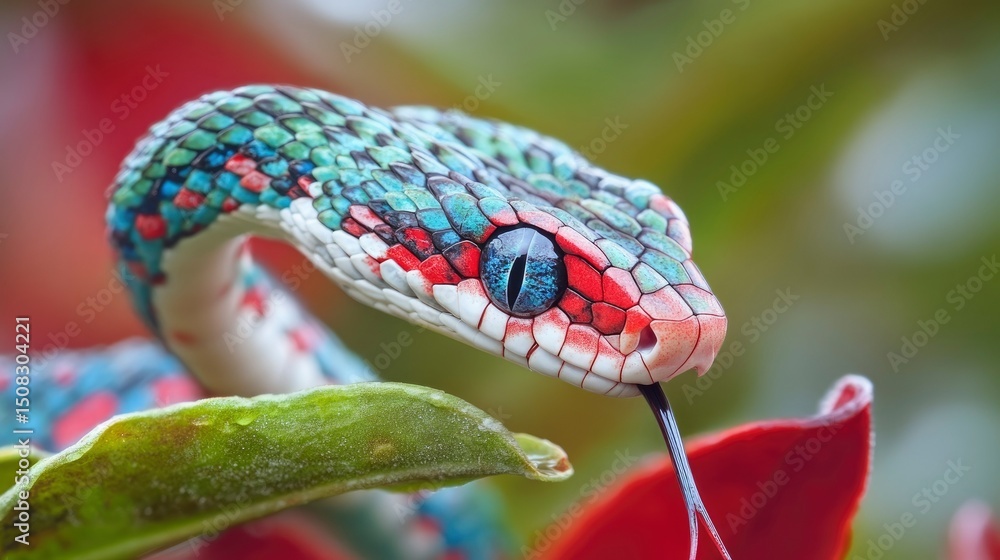 Obraz premium Vibrant Green Tree Viper Close-Up Striking Colors and Details of a Rainforest Snake