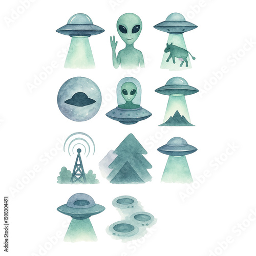 Alien watercolor illustrations featuring UFOs, aliens, and landscapes  