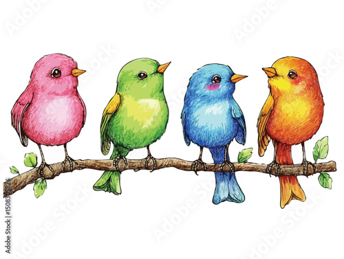 four birds on white background