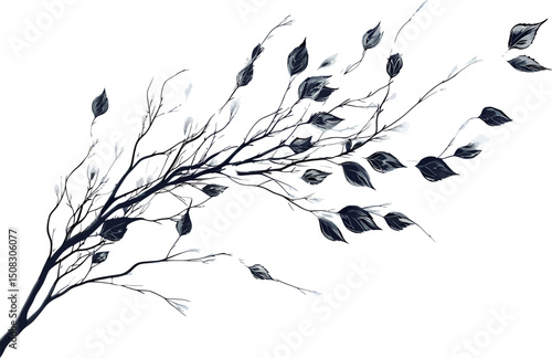 Artistic black branch with leaves isolated on a white background.