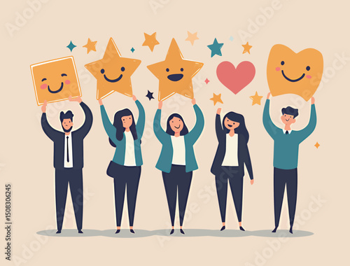 Diverse group of people celebrating with cheerful signs and symbols of joy.