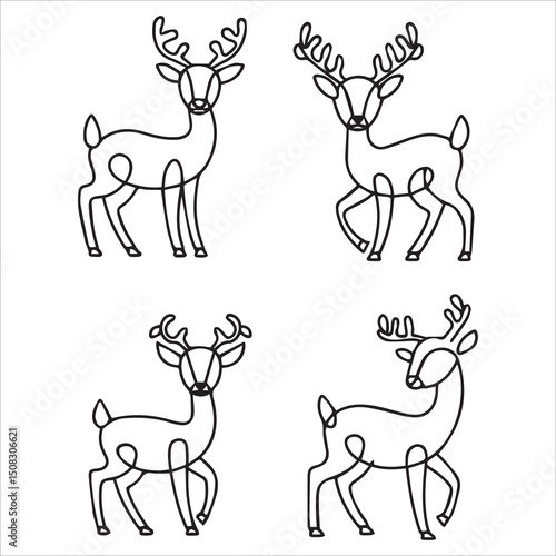 One-Line Cartoon Deer Silhouette Illustrations in Unique Poses