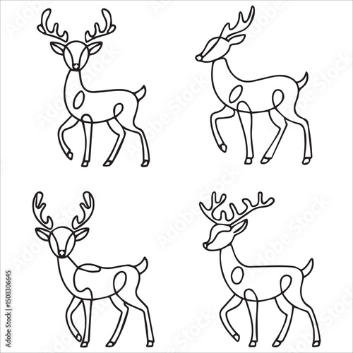 One-Line Cartoon Deer Silhouette Illustrations in Unique Poses