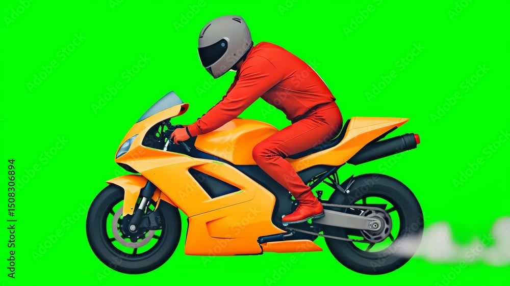 Motorcyclist riding a motorcycle, smoke from the exhaust pipe, green screen, chroma key, footage, mockup, layout, loop, cartoon style