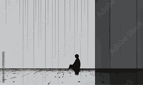 Silhouette of a person sitting contemplatively in a minimalist, monochrome setting.