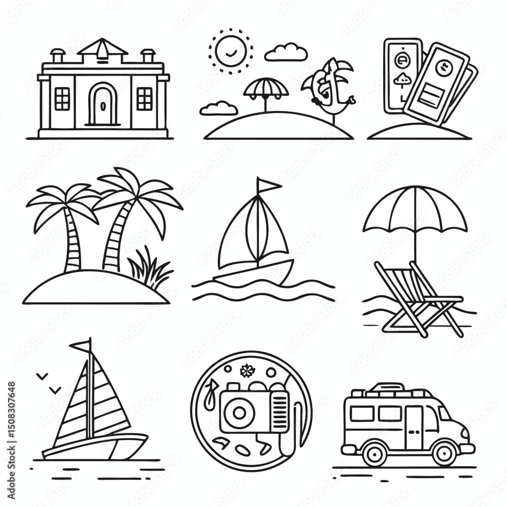 Naklejka premium Vacation and Travel Outlined Icon Set – Nature, Beach, Camping, Transport, Hotels, Activities, Gear, and Food Symbols