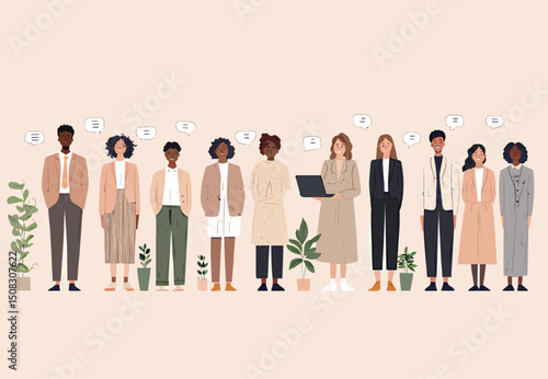 Diverse group of professionals engaging in conversation in a stylish office setting.
