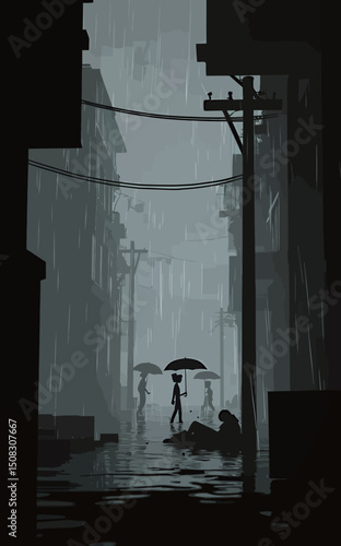 Silhouette of people with umbrellas walking through a rainy, flooded street.