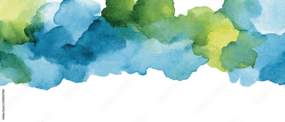 Obraz premium Colorful abstract watercolor design featuring blue, green, and yellow hues blending together in soft, organic shapes.