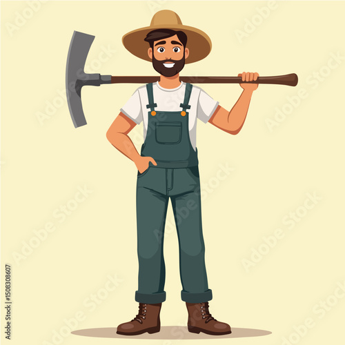 Bearded Cartoon Farmer with Tool on Shoulder – Farming Character Art