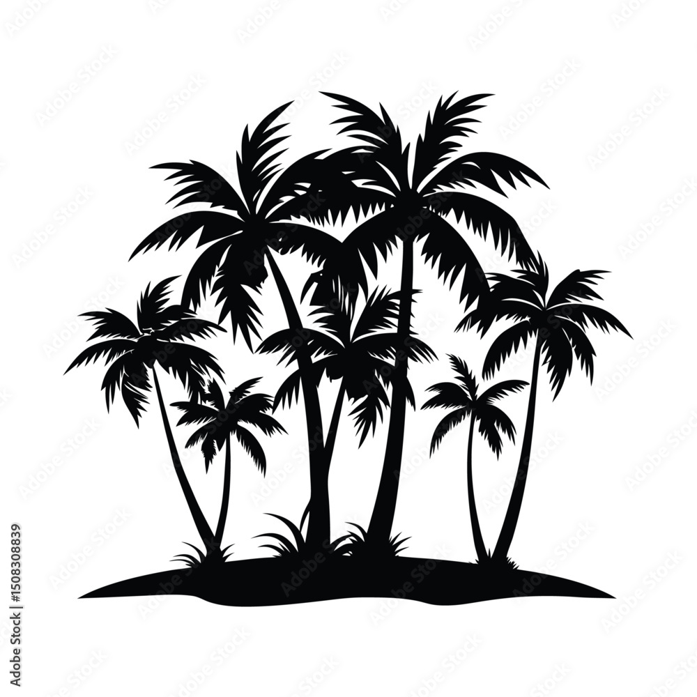 Fototapeta premium Palm tree silhouettes at sunset create a tropical beach island paradise vector illustration