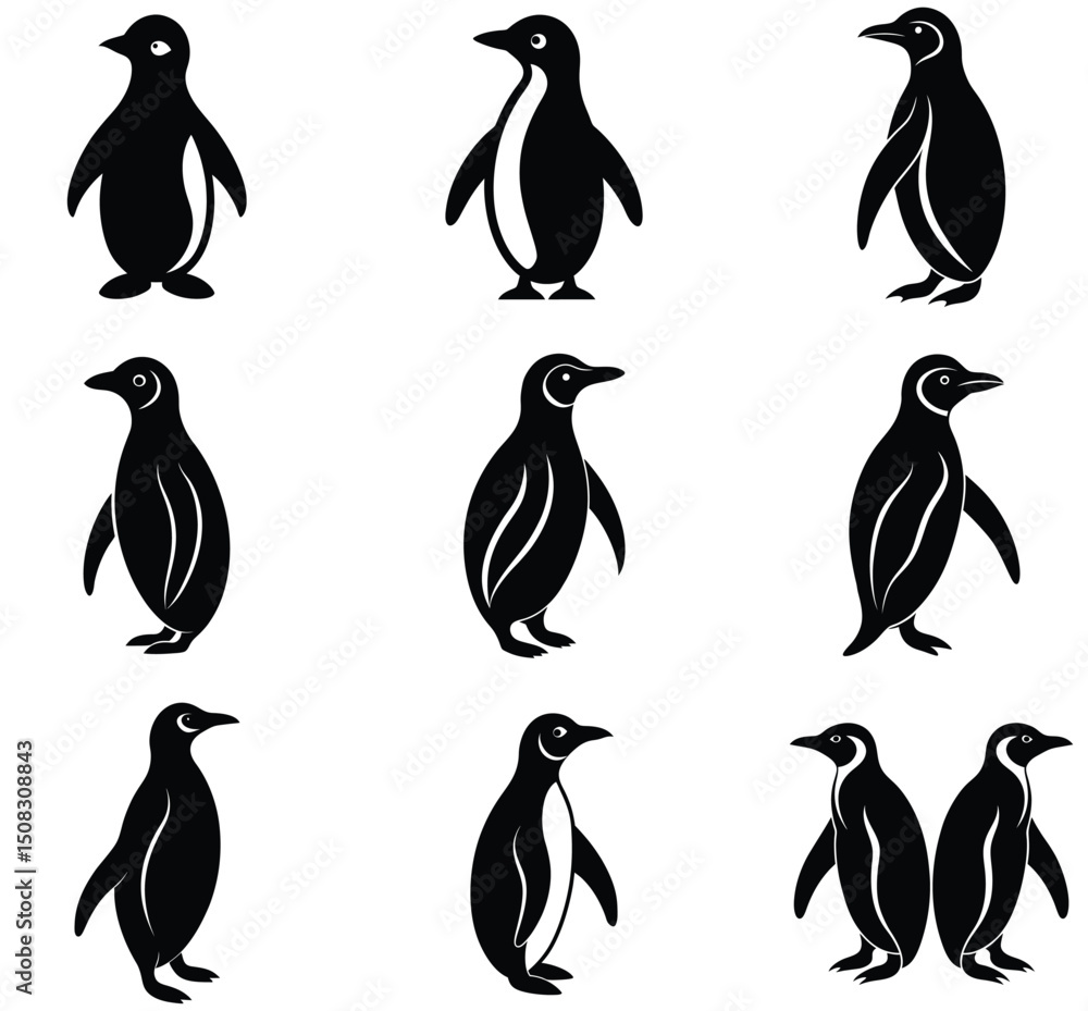 Naklejka premium Black and white penguin vector illustrations showcasing various poses and stylized silhouettes on a white background