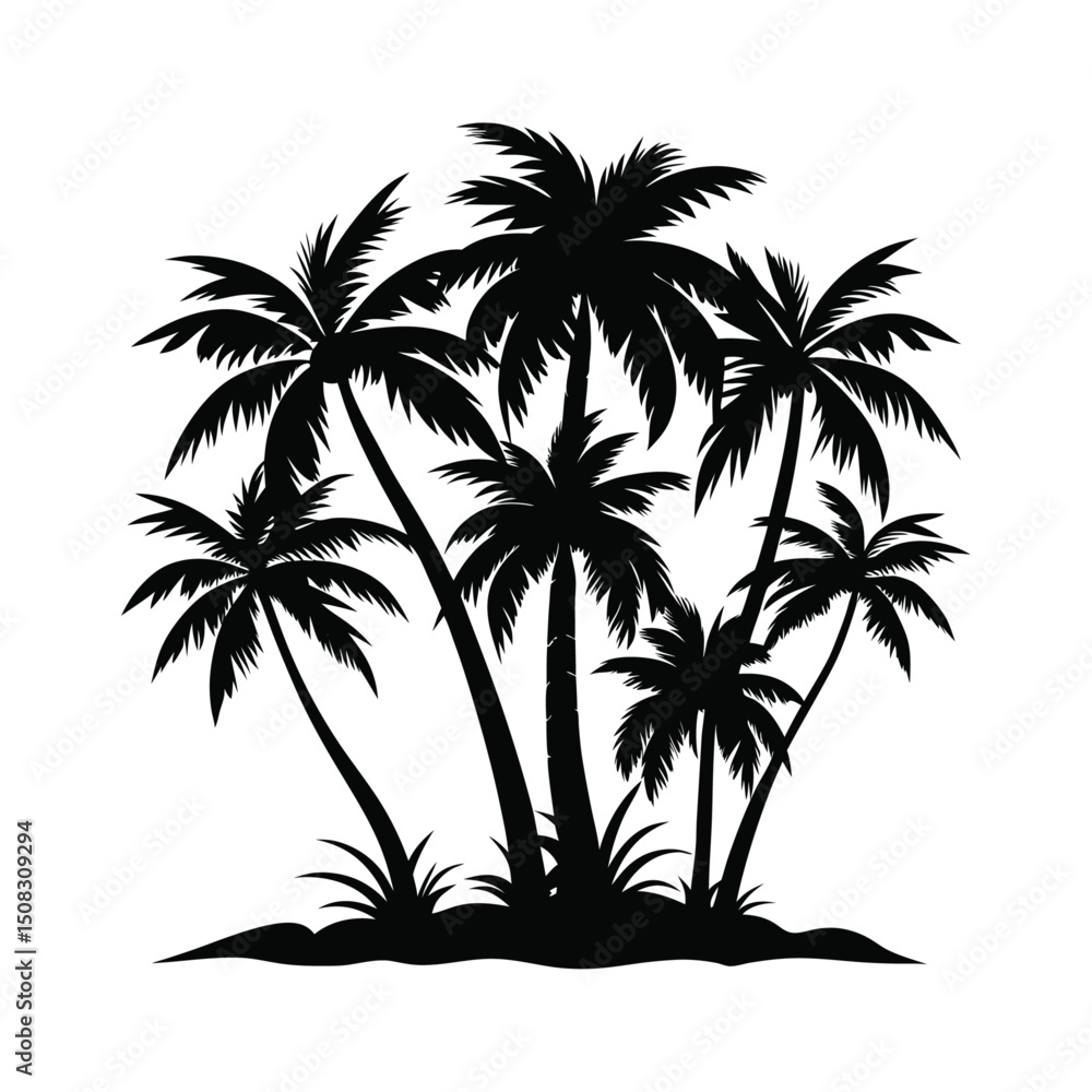 Tropical beach landscape with palm tree silhouettes under the summer sky Tropical beach landscape with palm tree silhouettes under the summer sky