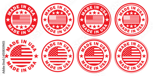 Made in USA grunge style circle rubber stamp badge icon set. Produced in the USA logo sign symbol collection. Vector illustration image. Isolated on white background.