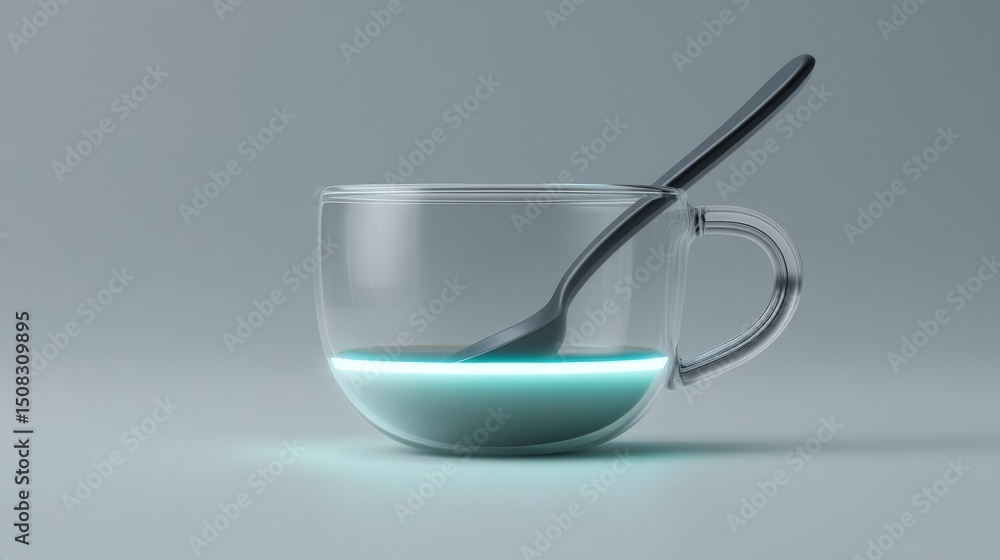 An elegant glass cup with a spoon, featuring a unique blue liquid inside. An elegant glass cup with a spoon, featuring a unique blue liquid inside.