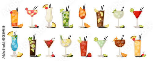 Big retro cocktails set. Colorful summer alcohol drink illustrations. Vintage style alcohol cocktails for bar, restaurant and club design.