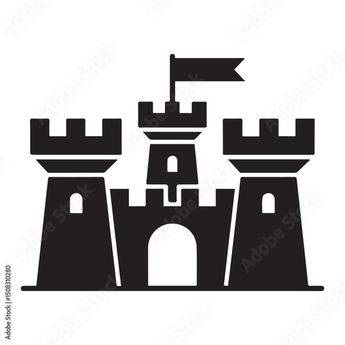 Castle fortress or citadel base flat icon for games and websites, Vector black silhouette. with white background