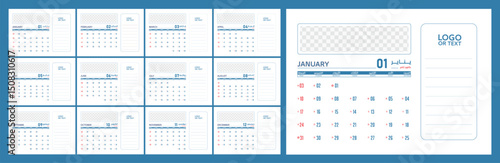Minimal bilingual calendar design with Arabic and English months, Hijri and Gregorian dates, 12-page layout with logo space, photo frame, notes column, modern blue color theme
