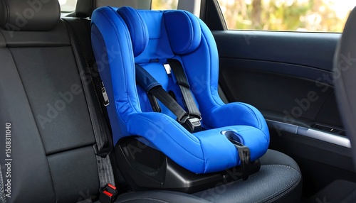 Blue child car seat installed in backseat (1)