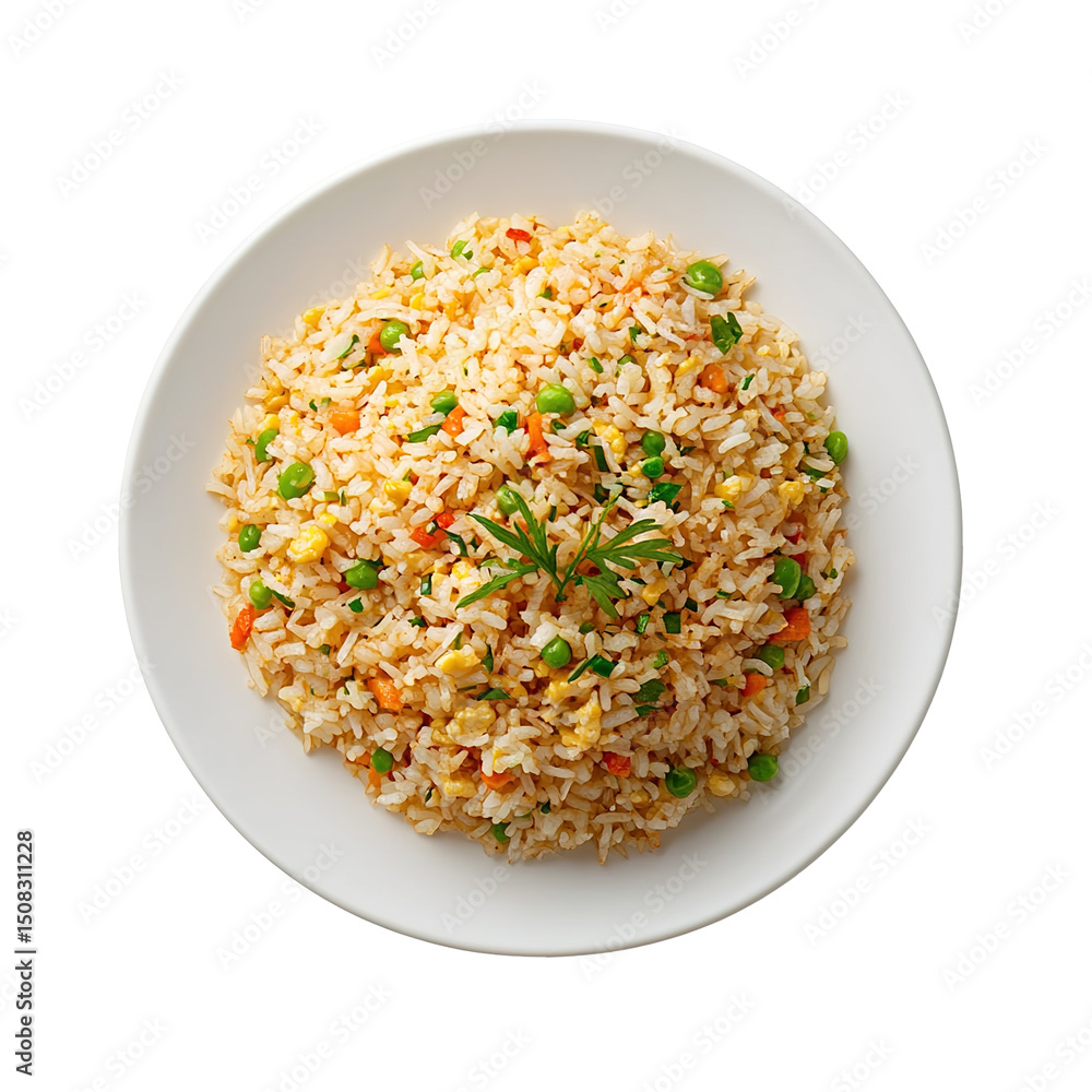 Top view of home cook Chinese fried rice isolated on transparent background Top view of home cook Chinese fried rice isolated on transparent background