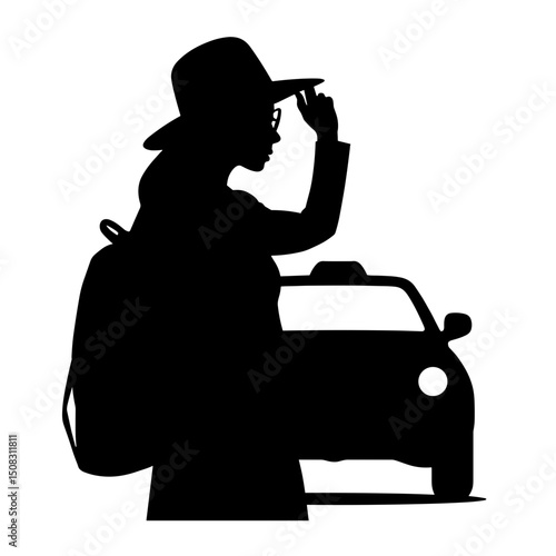 Silhouette of Woman Hailing Taxi in Sun Hat, Urban Travel Style