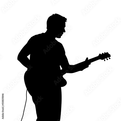 Silhouette of Street Musician Playing Guitar, Black and White Art