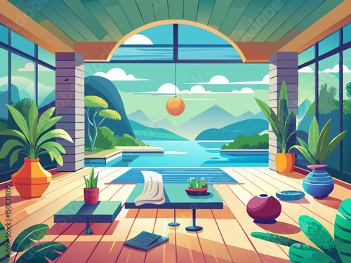 vector of The background of a large stylish room with calm and clean sunlight for yoga, zen and meditation spaces with a view of calm nature and a water view for team or group video calls... great