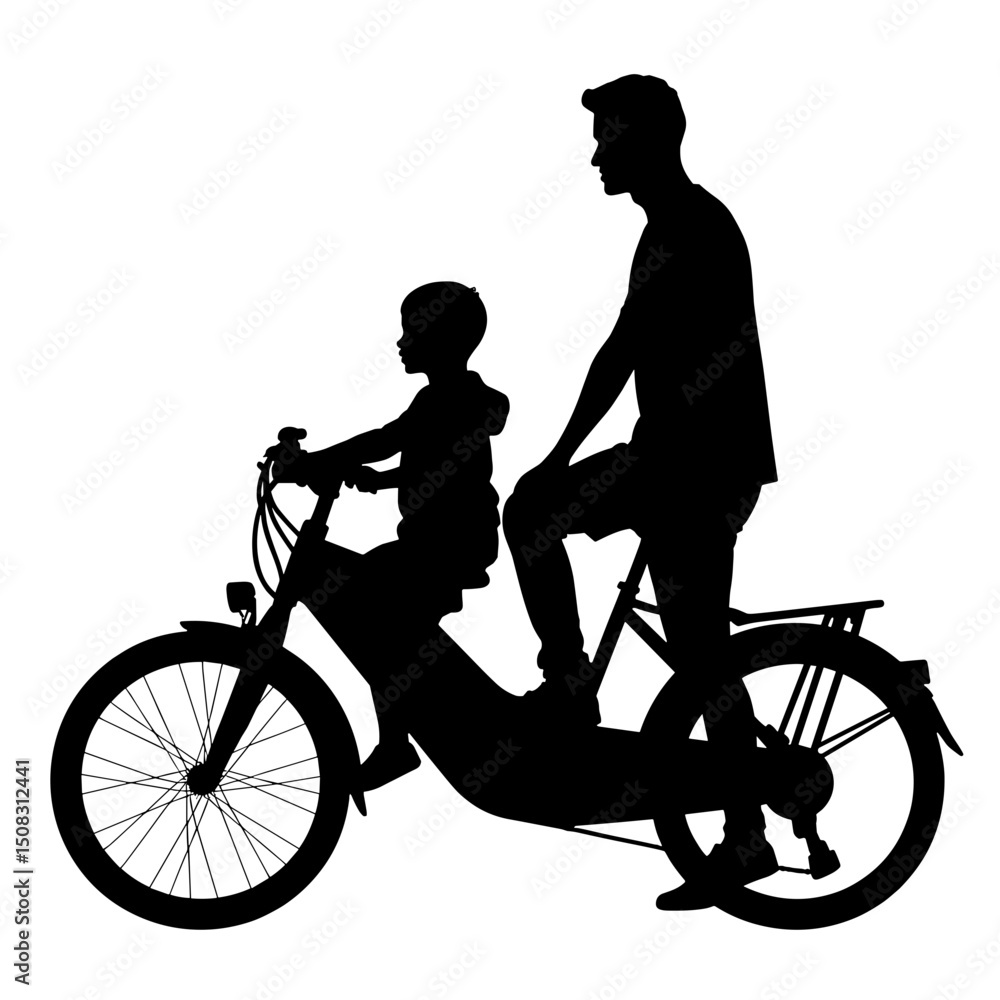 Fototapeta premium Silhouette of Family Riding Shared E-Bikes in Urban Mobility Scene