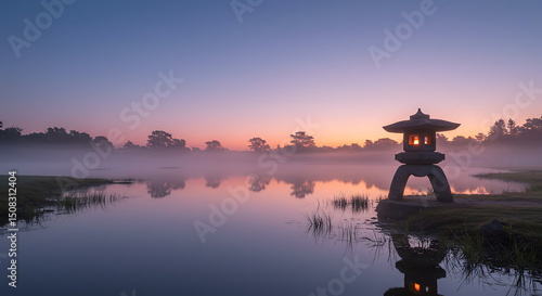 Serene Sunset Landscape Illuminated Stone Lantern by Misty Lake at Dawn