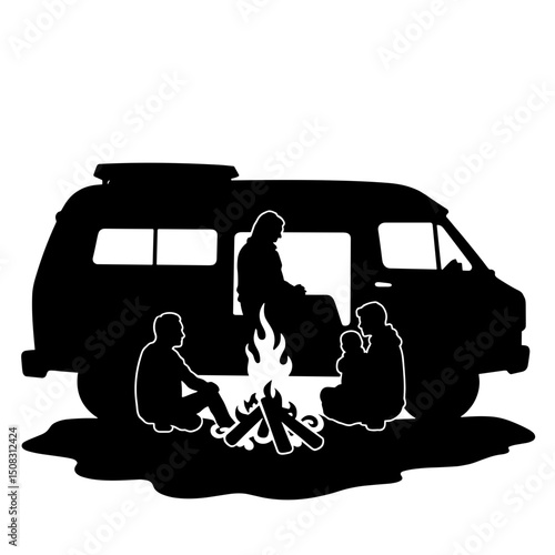 Silhouette of Family at Campfire Near Camper Van, Outdoor Adventure