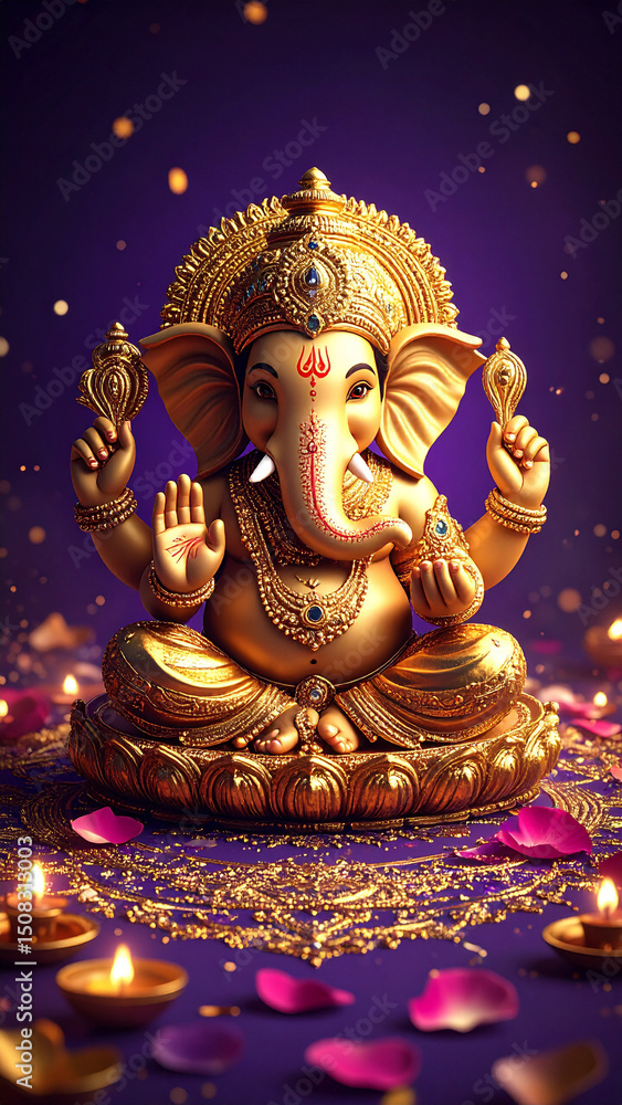 Fototapeta premium Golden Ganesh statue surrounded by flowers on a decorative background