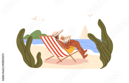 Tourist in summer hat sunbathing on chaise lounge on beach. Woman relaxes lying on deck chair, reading book. Tourism, travelling to sea resort. Flat isolated vector illustration on white background