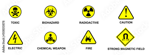 nuclear Radiation chemical biological icon set, Toxic sign, Biohazard symbol,electric ,danger,fire,ndustrial sign,CAUTION,STRONG MAGNETIC FIELD Vector illustration