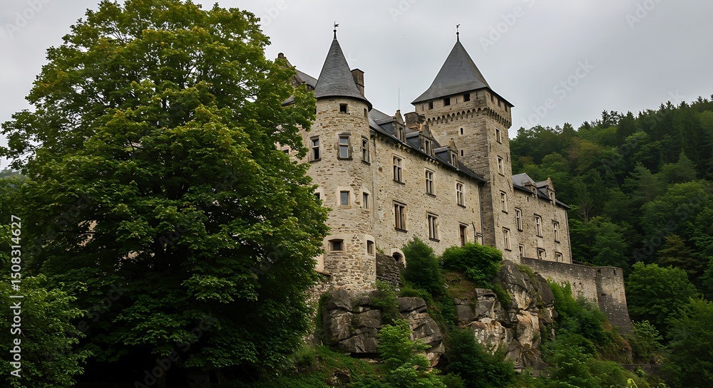 An ancient fortress with impressive stone architecture and a distinctive turret stands on a verdant, rocky slope, conveying historical grandeur. An ancient fortress with impressive stone architecture and a distinctive turret stands on a verdant, rocky slope, conveying historical grandeur.