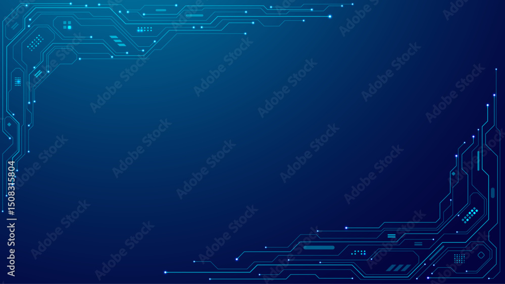 Blue abstract digital background featuring a tech frame built from circuit board lines and microchip elements. Modern, high-tech design ideal for innovation and technology themes. Vector illustration